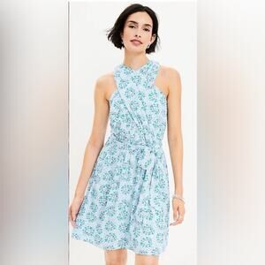 LOFT Blue Floral High Neck Crossover  Dress